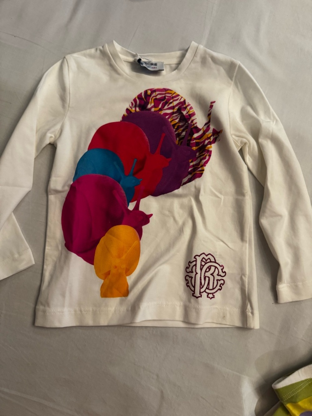 Roberto Cavalli Cream Long Sleeve Tee with Multicolor Snail Graphic